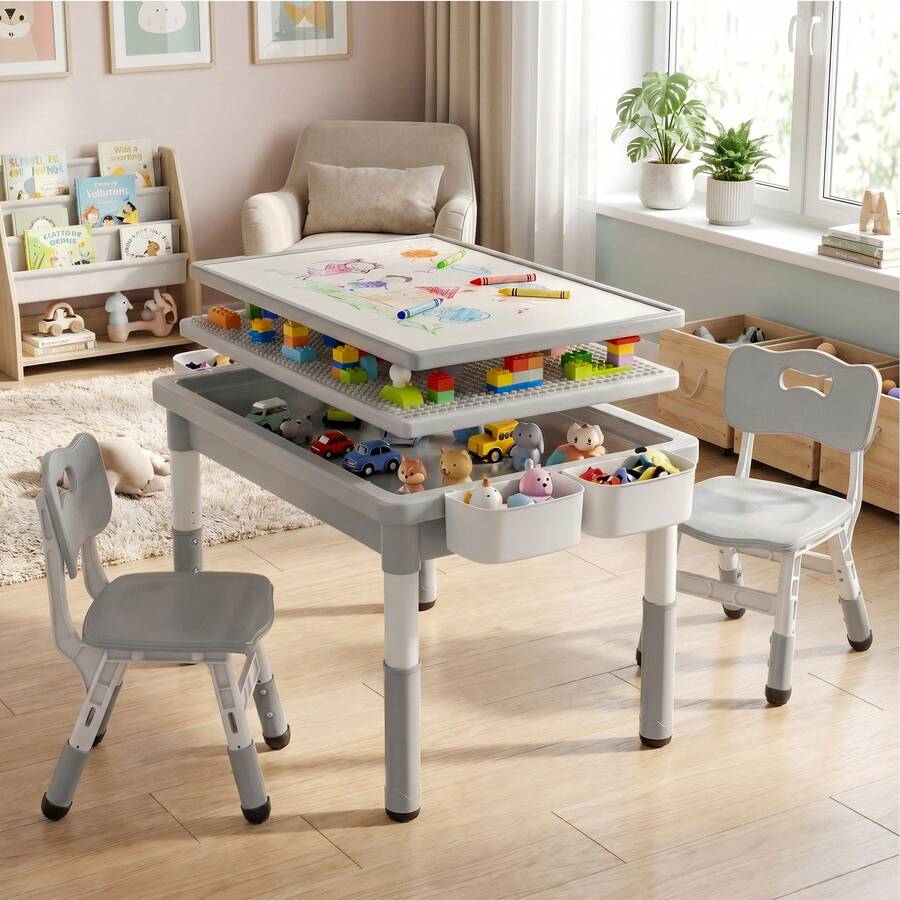Kinder King Kids Table And Chairs Set, Height Adjustable Children Activity Table W/Storage, Graffiti & Building Blocks Tabletop, Toddler Furniture Set For Classroom, Daycare, Home, Age 3+ - Light Grey - View 1