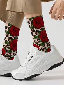 1 Pair Leopard & Red Floral Pattern 360° All-Over Print Fashion Novelty Socks - Multicolor - View 3