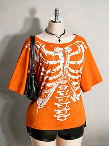 2026 Summer Collection,Retro Gothic Plus Tee: Distressed Skull & Rose, Y2K Punk Style, Sizes S-7XL, Ships 24H - 橘色 - 查看 16