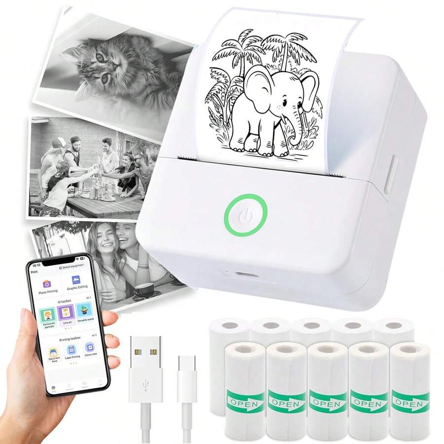 Mini Printer, Portable Inkless Printer With 10 Rolls Thermal Paper, Small Pocket Printer For Pictures, Photos, Journals, DIY, Home & Office Use