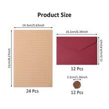 48pcs Stationery Set, Includes Envelopes (24 Kraft Paper + 12 Linen Texture Envelopes + 12 Wax Seal Stickers), Suitable For Love Letters And Party Invitations Letter Set (Red) - Long Lid Version - View 3