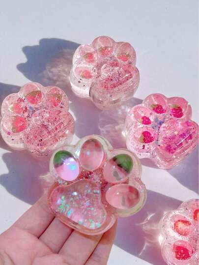 1 pieza Muñeco suave de pata de gato con fresa, hecho a mano, esponjoso, adorable muñeco de peluche rosa, muñeco de gato transparente suave para alivio del estrés, adecuado para niños y adultos, excelente opción para regalos de cumpleaños y Pascua
