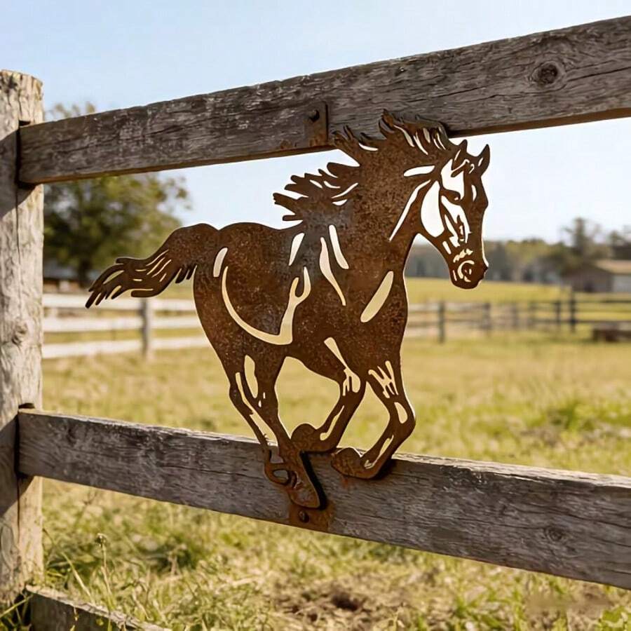 [2D Plano] 1 Peça Escultura de Jardim de Metal Enferrujado em Forma de Cavalo - Estilo Rústico | Estilo Ocidental, Decoração de Jardim Pastoral | Adequado para Decorar Quintal, Sala de Estar e Paredes do Quarto, Presente Perfeito para Amigos e Família - Cavalo - Visão 1