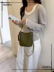 Mini‑Woven Handbag For Women, Compact Top‑Handle Purse With Beaded Pendant, Faux‑Leather Texture, Vintage Casual Hand‑Held Bag For Daily Street‑Wear - Dark Green - View 1