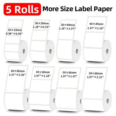 5 rouleaux de papier d'étiquette thermique, autocollants de code-barres blancs auto-adhésifs et imperméables, convenant pour la livraison express, l'adresse, la logistique d'entrepôt et les étiquettes de bureau - 30*20 30*40 40*50 40*70 50*40 50*50 compatibles avec les imprimantes d'étiquettes portables