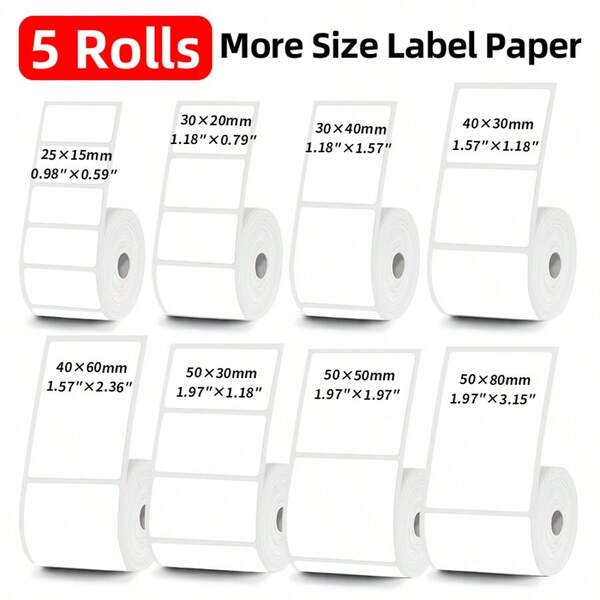 5 Rolls Thermal Label Paper, White Self-Adhesive Waterproof Barcode Stickers, Suitable For Express Delivery, Address, Warehouse Logistics And Office Labels - 30*20 30*40 40*50 40*70 50*40 50*50 Compatible With Portable Label Printers