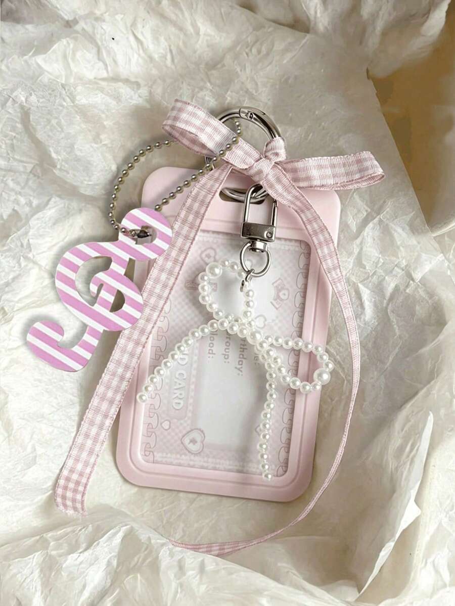 Card Holder With Mesh Ribbon, Faux Pearl Pendant And Treble Clef Charm, Sweet Style ID Badge Holder, Exquisite Pendant, Transparent Acrylic Hard Card Sleeve, Detachable And Erasable Sliding Cover, Student Campus Card/Meal Card Protector, Card Holder With ID Window And Card Slot, Suitable For Students And Office Workers, Transparent Window Design For Campus Card, Student ID, Employee Badge, Bank Card, Bus/Metro Card And Work Badge, Includes Detachable DIY Keychain Pendant, Fashion Accessory (Card Paper Not Included)
