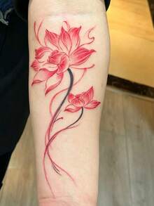 1件紅色漸層雙蓮花流蘇細長垂直條紋臨時紋身貼紙，逼真假紋身設計，適合日常、單身派對小禮物、音樂節、遊戲、畢業禮物，可維持3-5天 - 彩色 - 查看 5