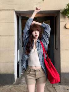 Blue Plaid Shirt Spring New Versatile Loose Slouchy Sun Protection Cardigan High-End Casual Top - Blue - View 4