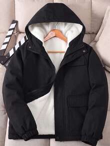 Boys' Teen Black Hooded Cargo Jacket, Loose Fit Thick Warm Padded Coat - Black - View 2