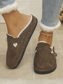 Women's Comfortable Soft Fur Lined Slip-On Closed-Toe Mule Slippers With Buckle Design, Casual Style, Brown, Plus Size, Indoor/Outdoor Home Slippers For Autumn/Winter - Chocolate Brown Velvet - View 5
