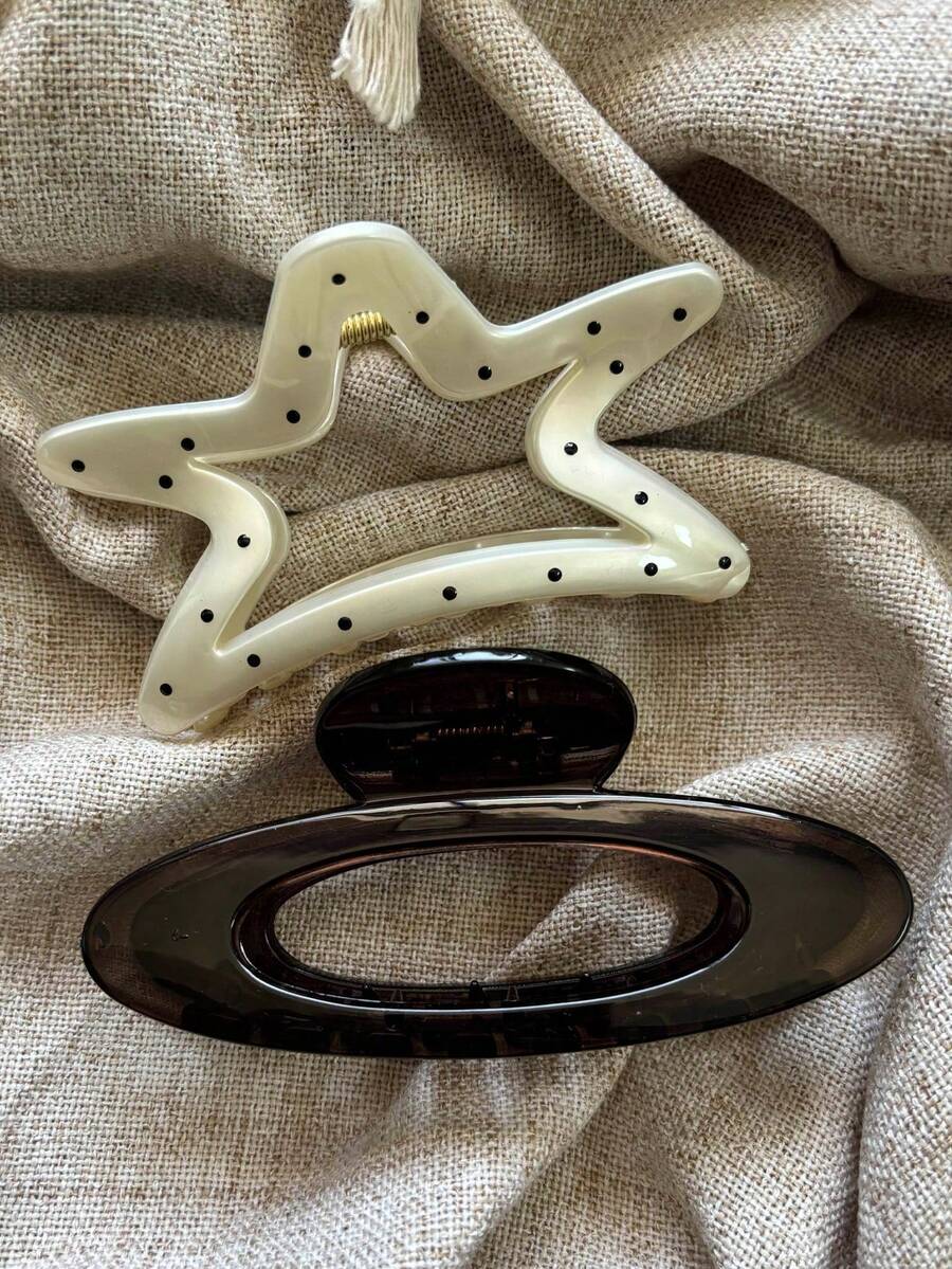 2Pcs White Polka Dot Brown Oval Large Hair Claw Clips,Elegant Plastic Lightweight Hair Accessories Suitable Fashion Hair Accessories - Multicolor - View 1