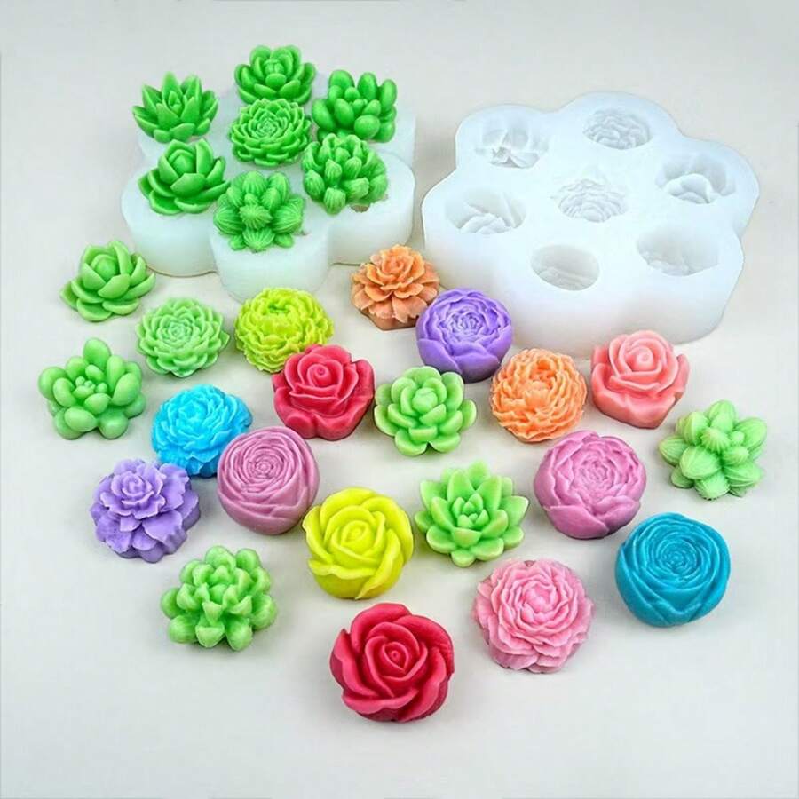 1pc 7-Hole Flower Succulent Aromatherapy Candle Silicone Mold, Decorative Small Flower DIY Car Plaster Ornament Silicone Mold - White - View 1