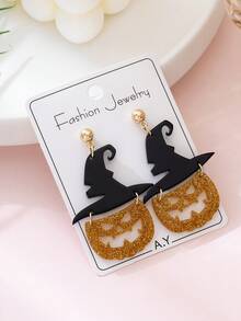 1 Pair Halloween Shiny Witch Hat & Pumpkin Design Women's Fashion Earrings, Suitable For Parties, Gatherings And Holiday Decoration Wear - Multicolor - View 3