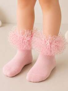 1 Pair Children's Fluffy Mesh Lace Socks With Gold Star Sequins, Princess Performance Birthday Decorative Socks - Pink - View 1