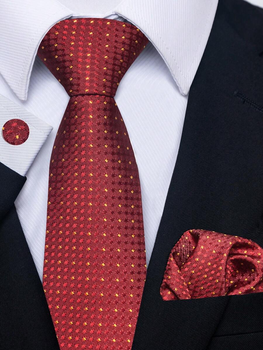 AlanKing 1 Set de Corbata, Pañuelo de Bolsillo y Gemelos con Lunares Rojos para Hombres, 8 Cm, Adecuado para Vacaciones, Bodas, Trabajo - Rojo - Ver 1