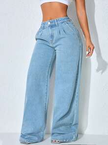 Low Waist Wide Leg Casual Blue Slant Pocket Curved Women Jeans Fall - Mint Blue - View 4