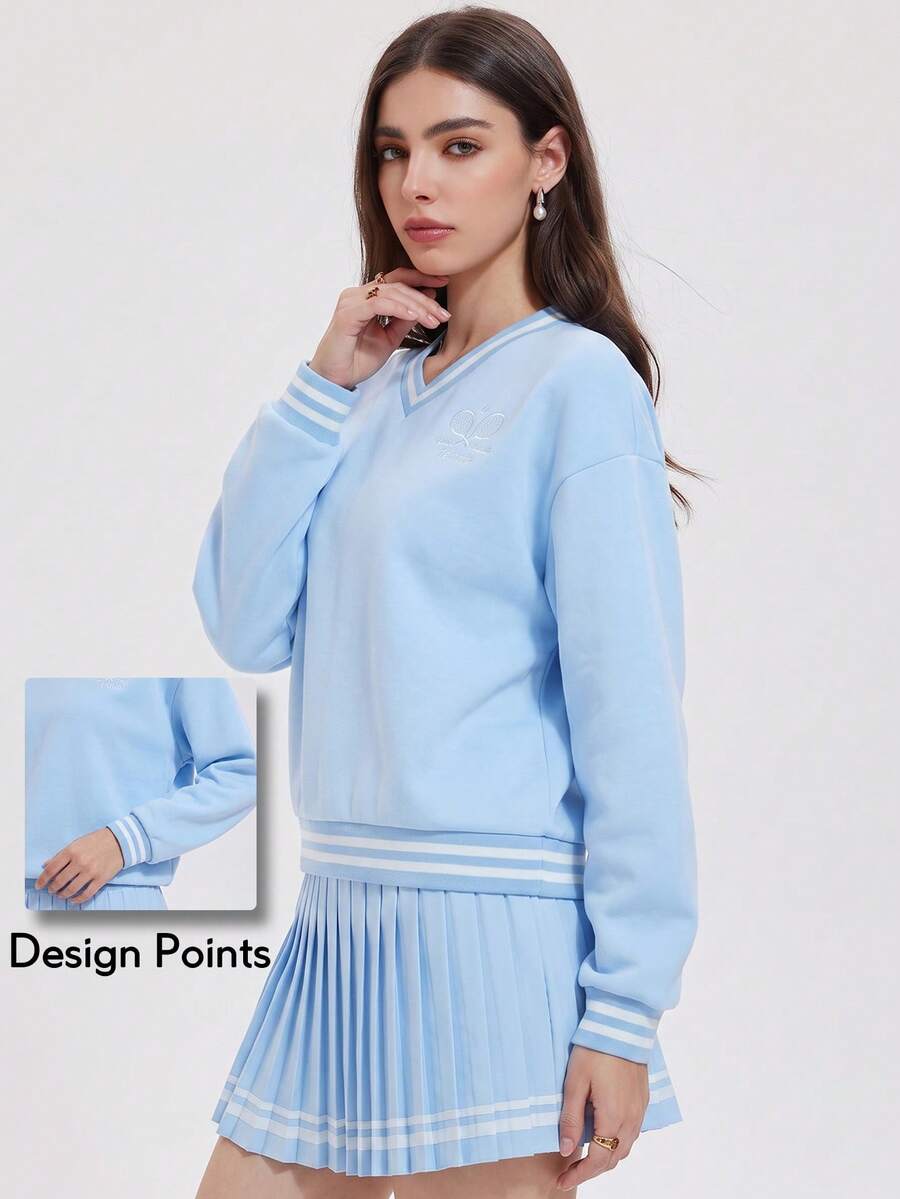 KyrLssu Women Striped Trim V Neck Sweatshirt, Tennis Racket Embroidery Loose Long Sleeve Pullover Top For Daily Outfit Matching - Blue - View 1