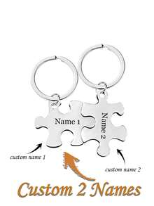 Customized Name Personalized Keychain, In-Stock Blank Stainless Steel Couple Puzzle Pendant, Valentine's Day Gift Keychain - Multicolor - View 2