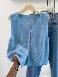 Plus Size Women's Knitted Vest, Spring/Summer Fashion Item, Button Front Open, Sleeveless, Solid Color Versatile V-Neck Knit Top - Blue - View 2