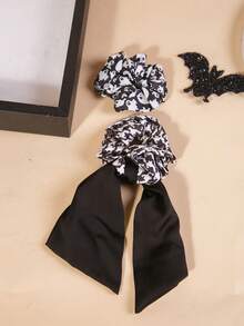 2pcs Vintage Halloween Hair Accessories Skull Pumpkin Face Bow Hair Clips Solid Color Large Ribbon Scrunchie Hair Ties Spring Clips Versatile Premium Bow - Multicolor - View 8