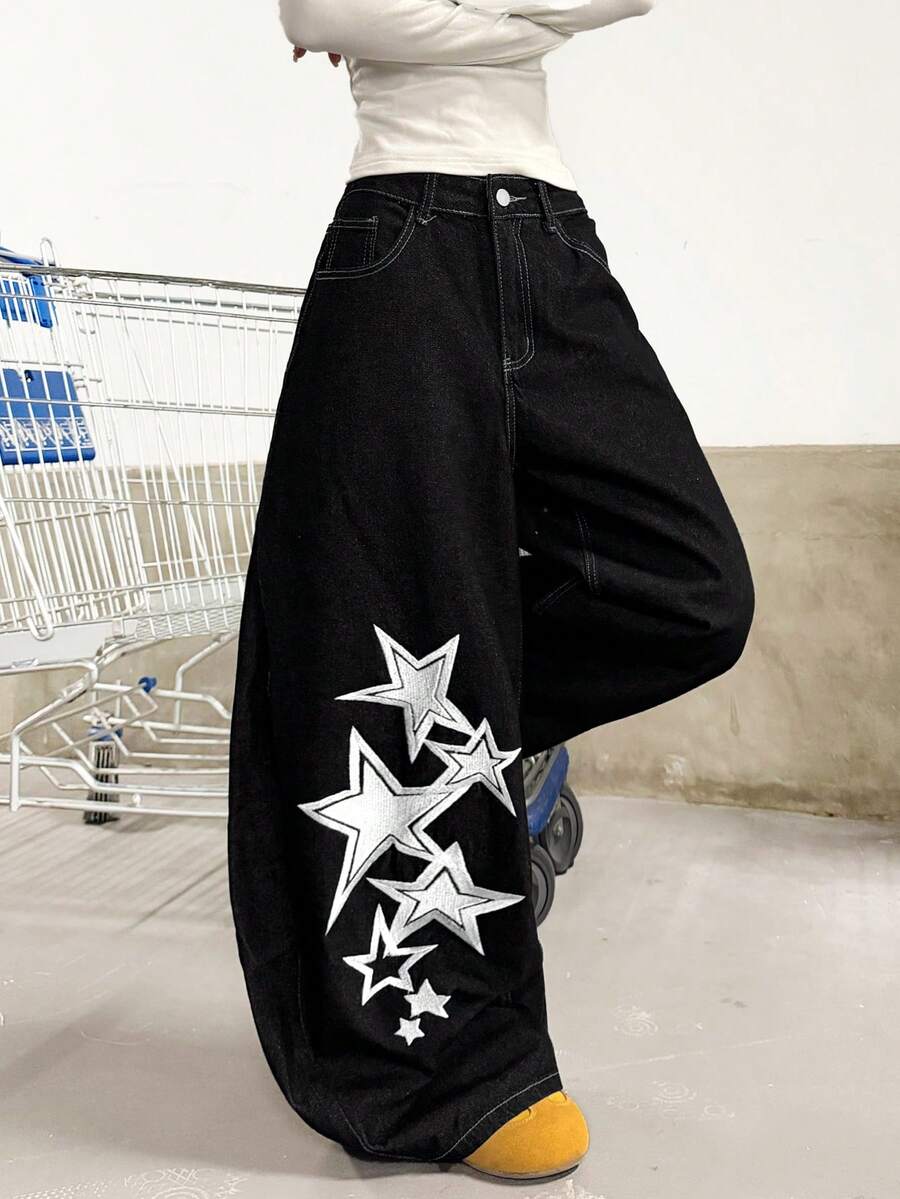 1件日系街頭風女款刺繡彎腿寬鬆闊腿牛仔長褲,時尚四季皆宜(本產品不含腰帶/配件) - 黑與白 - 查看 1