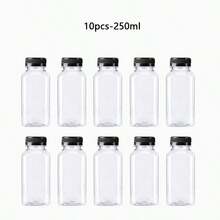 10pcs 60/120/150/250/500ml Plastic Juice Bottles With Black Caps, Reusable Transparent Large Capacity Containers For Juice, Milk, Smoothies, Beverages And Other Drinks - Transparent-black - View 17