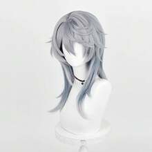 Ombre Grey Blue Synthetic Men Medium Long Wigs With Bangs Anime Game Cosplay Fluffy Wig For Daily Party, Halloween - Dusty Blue - View 5