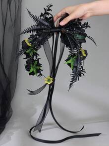 1pc Gothic Black Rose Handheld Hoop Bouquet Elegant Ribbon Bow Spider Floral Ring For Bridesmaid Bridal Wedding Cosplay Photo Props - Black - View 3