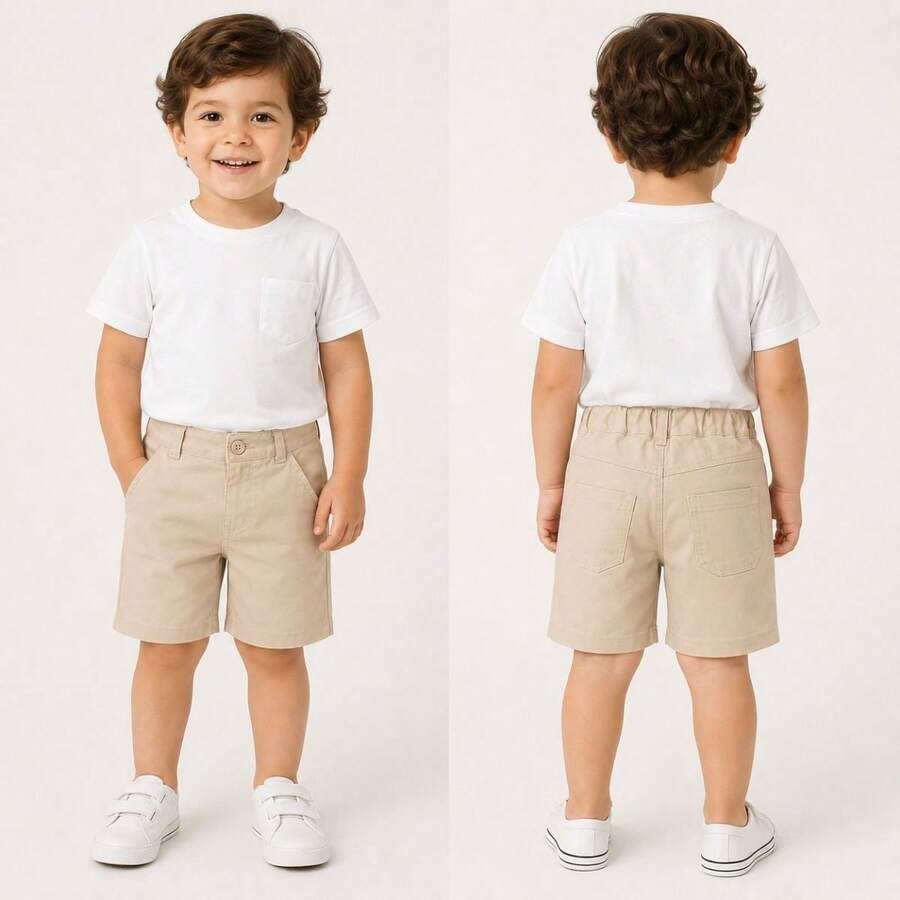 Bermuda Menino Social Casual Shorts Juvenil Infantil nas Cores Branco e Bege em Algodão e Elastano Ajustável com Regulador Interno Confotável Elegante Moderna para o Dia a Dia para Festas