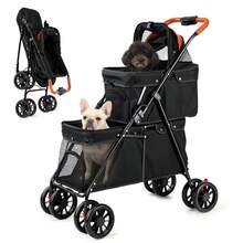 Foldable 2-In-1 Pet Stroller For Cats & Small Dogs – Lightweight 4-Wheel Trolley With Adjustable Canopy, Breathable Mesh Panels, Storage Compartment & Included Carry Bag – Compact Design For Walks, Travel & Outdoor Adventures (Black) - Double Layer - 查看 3