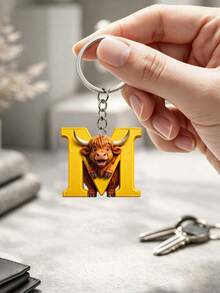 [2D Flat] Söt Highland-ko bokstavsnyckelring - Nyckelring med noveltydesign - 26 bokstäver - Highland-ko - Djurserie - Nyckelringstillbehör - Modeaccessoarer - Matchande nyckelringar lämpliga för olika tillfällen - Perfekt present till vänner - Multifärgad - Visa 21