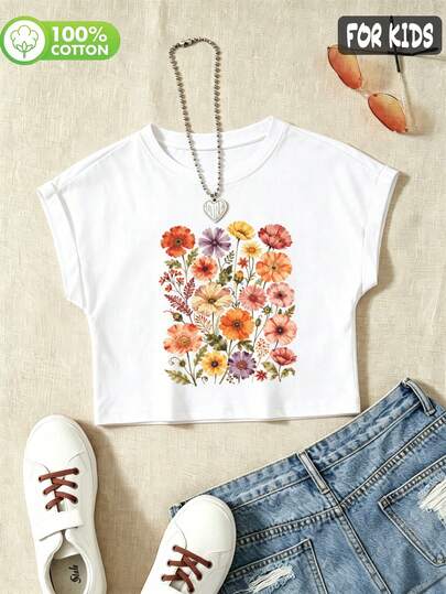 Girls 100% Cotton Drop-Shoulder Short-Sleeved T-Shirt With Daisy Print, In A Cute And Sweet Style