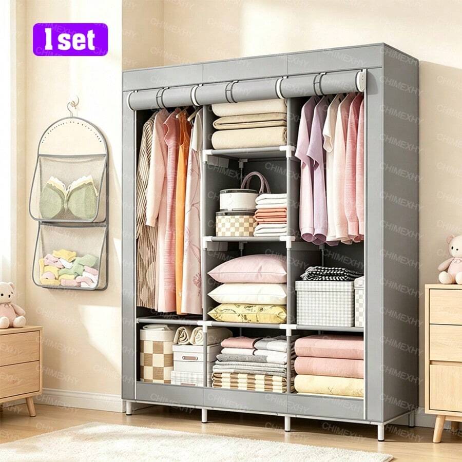 LÈRFM Portable Wardrobe, Simple Hanging Closet For Clothes, Large Capacity Garment Storage Box, Ideal For Freestanding Vertical Hangers In The Bedroom - Grey - View 1