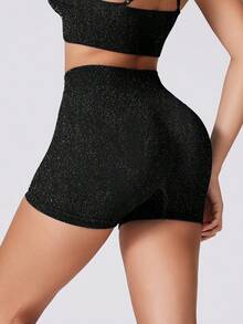 Women's Fashion Silver Thread Embellished Butt-Lifting Sports Shorts With Subtle Glitter, Pilates Black - Black - View 5