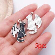 5/12 piezas Dijes de esmalte gótico Dragón Cuervo Murciélago Gato Polilla Rosa Lápida Colgantes para DIY Halloween Pulsera Collar Pendiente Suministros para hacer joyas - Negro - Ver 22