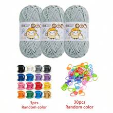 3 Rolls 100% Polyester Yarn Set With 30pcs Random Color Stitch Markers + 3pcs Finger Protectors DIY Doll Scarf Knitting Tools - Multicolor - View 35