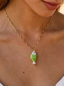 1pc Cute Women's 18K Gold Stainless Steel Fish Pendant Necklace, Wave Chain Green Fish Pendant Ocean Beach Jewelry, Waterproof Summer Y2K Style Gift, Bohemian Style - Gold - View 3