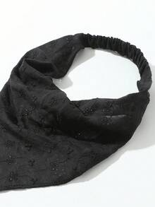 3件組女款時尚刺繡捲邊髮箍頭巾，適合日常與度假使用 - 黑+白+藍色 - 查看 4
