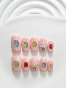 10片裝休閒風手工穿戴甲，Polygel美甲套組，色塊貓眼設計，藍色、綠色、黃色、紅色指甲油，夏季風格，附美甲工具，3種尺寸可選，方型、短方型、杏仁型，適合派對、舞蹈、日常配戴 - 彩色 - 查看 4