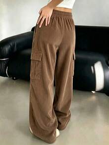 1pc Girls' Teen Versatile Corduroy Wide Leg Cargo Pants - Brown - View 2