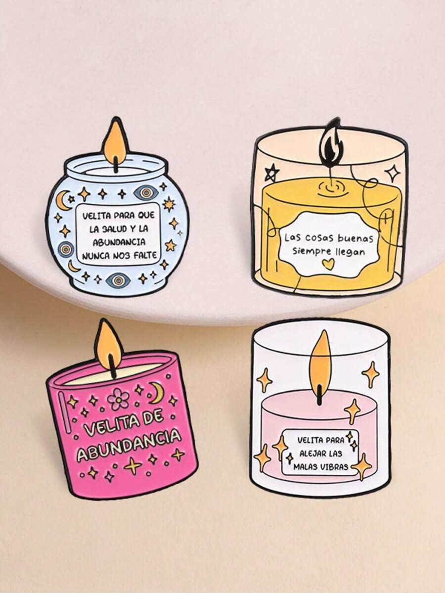 4pcs Spanish Quote Wish Candles Enamel Pin, Cartoon Colorful Inspirational Prayer Candles Badges, Fashion Accessory, Lucky Gift For Friends