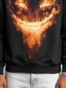 Men's Flame Demon Grinning Graphic Crew Neck Sweatshirt, Flame Evil Smile, Long Sleeve Loose Streetwear Pullover, Suitable For Daily Wear And Halloween Holiday Outfit - Multicolor - View 4