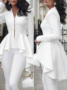 Plus Size Women's White Elegant Cinched Waist Ruffle Blazer, Holiday Wedding White Elegant Tailcoat Blazer, Office Commute Business Gathering V-Neck Blazer - White - View 2