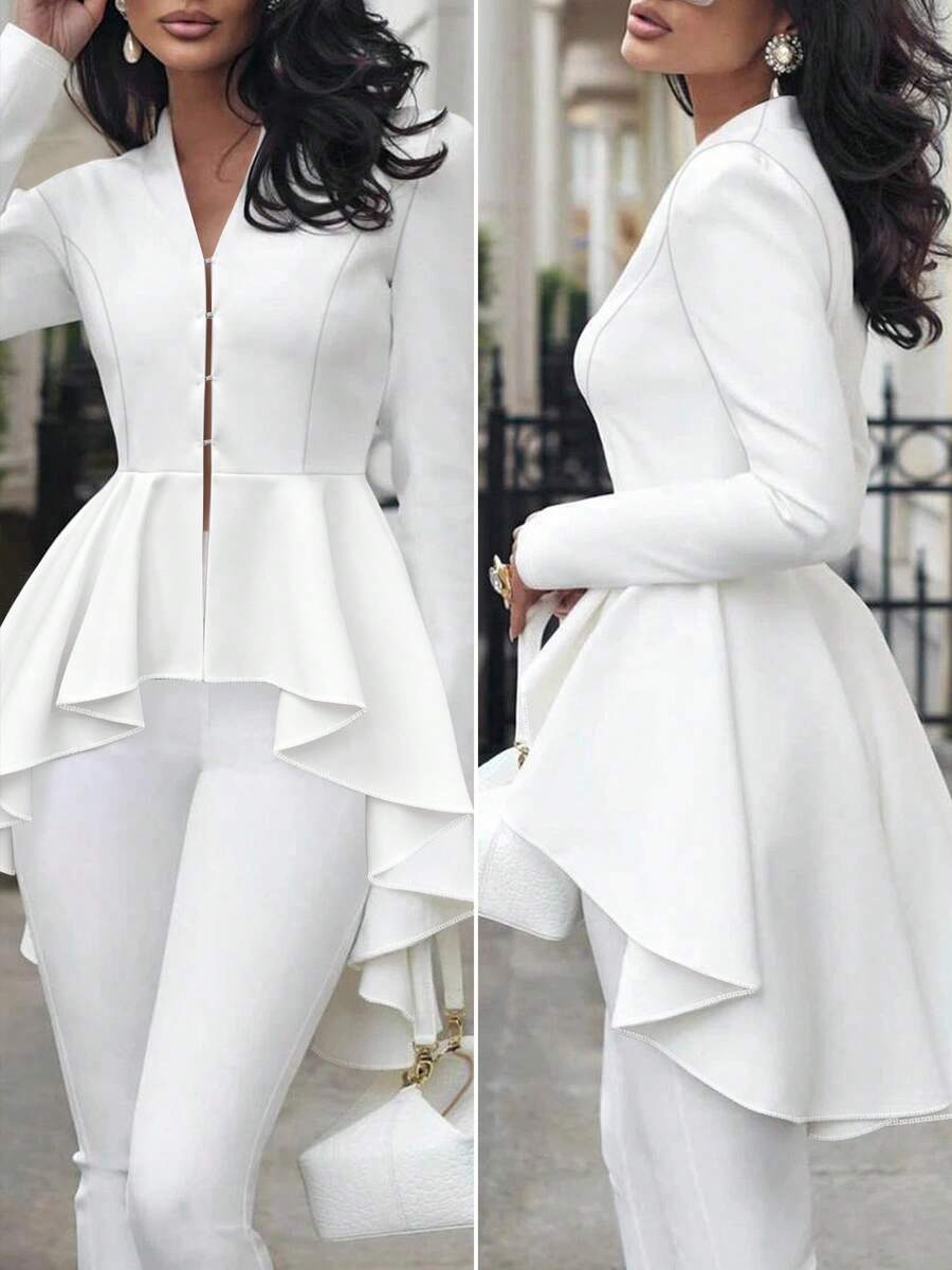 Plus Size Women's White Elegant Cinched Waist Ruffle Blazer, Holiday Wedding White Elegant Tailcoat Blazer, Office Commute Business Gathering V-Neck Blazer