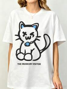 Camiseta Gráfica Streetwear Blanca con Estampado Frontal Minimalista de Gato Boceto The Museum Visitor TWSS K-Pop Boy Group para Verano y Otoño - Blanco - Ver 1
