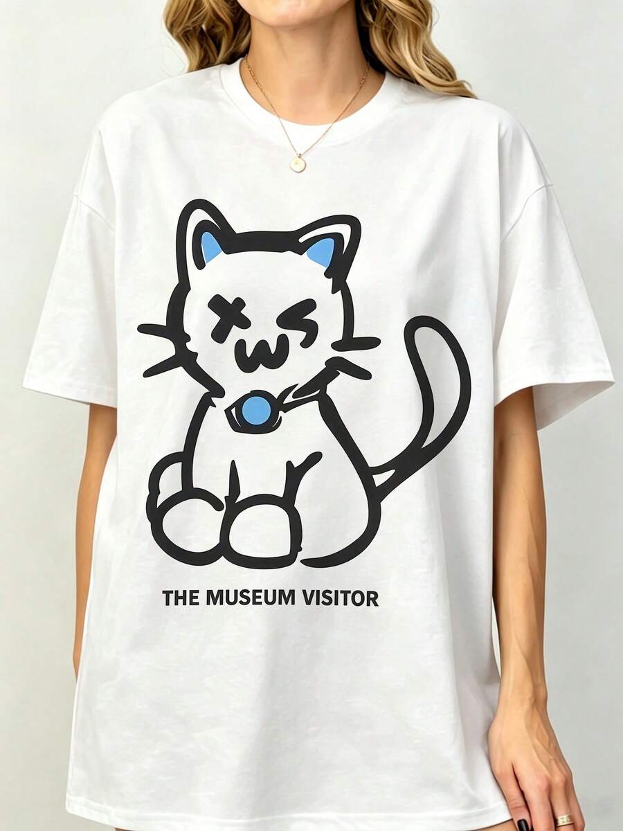 Camiseta Gráfica Streetwear Blanca con Estampado Frontal Minimalista de Gato Boceto The Museum Visitor TWSS K-Pop Boy Group para Verano y Otoño - Blanco - Ver 1