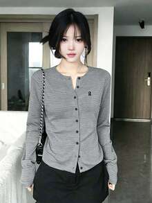 Women's Black & Grey Striped Thin Cardigan, Slimming Long Sleeve Jacket, Versatile Casual Top For Spring - Grey - View 1