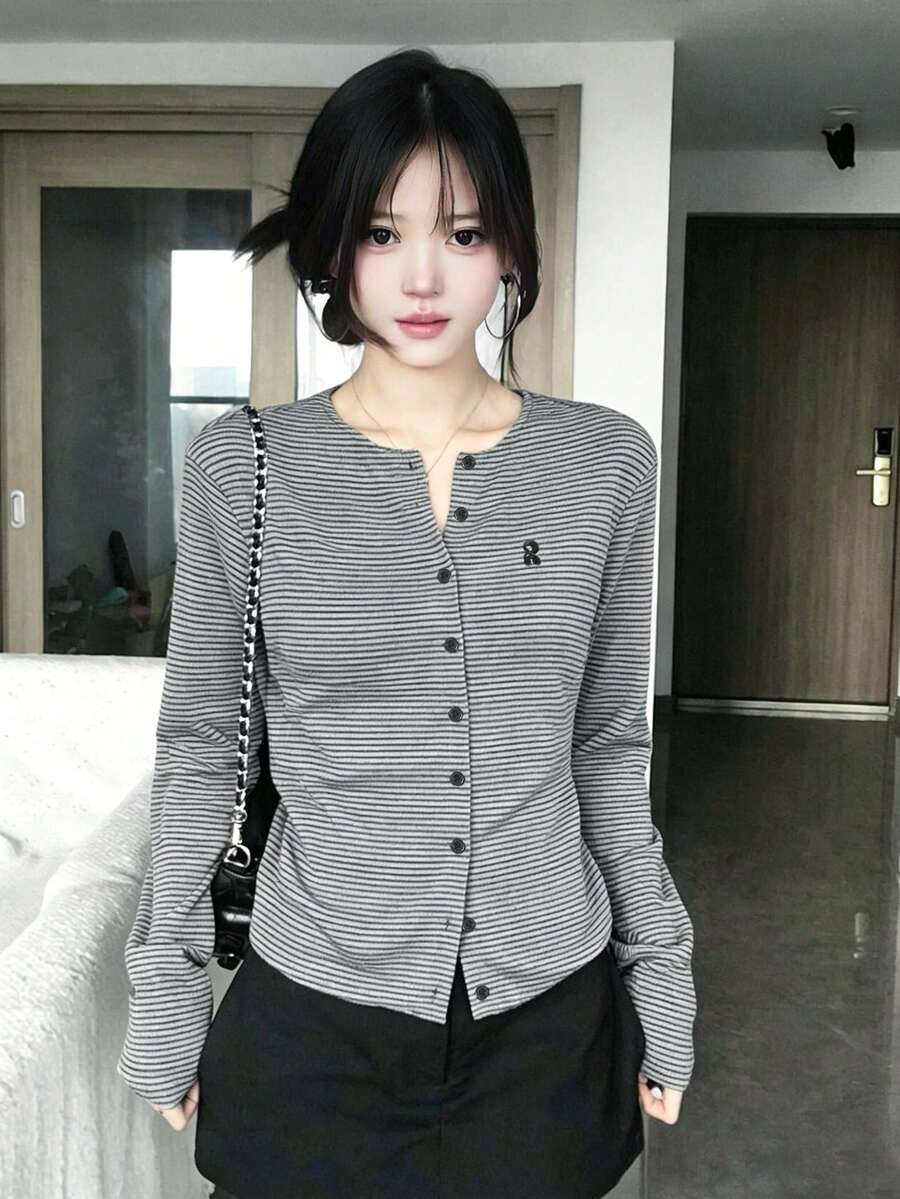 Women's Black & Grey Striped Thin Cardigan, Slimming Long Sleeve Jacket, Versatile Casual Top For Spring - Grey - View 1