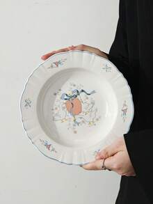 Pratos de Jantar de Cerâmica com Pequenas Flores Pintadas à Mão, Prato de Sobremesa de Porcelana com Borda Ondulada em Formato de Concha, Prato de Salada Vintage com Borda Azul, Utensílios de Mesa Estéticos para Café da Manhã, Bolo e Frutas, Decoração de Cozinha Cottagecore, Presente de Inauguração de Casa para Mulheres - Multicolorido - Visão 12